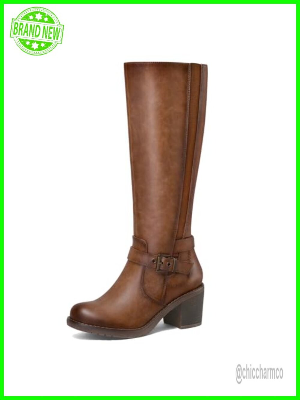 Women's Knee High Chunky Block Heel Boots Elastic Side Zip PU